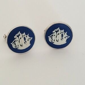 Wedgwood Blue Jasperware Sailing Ship Cufflinks Vintage Silver Tone England